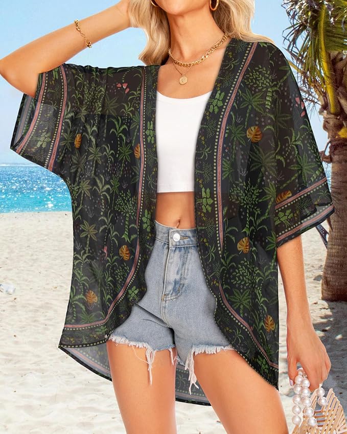 Women Kimono Cardigans Summer Cover Up Hawaiian Shirts Floral Print Tops | ROSEMIA chiffon kimono open front cardigans, beach cover ups, daily casual tops, cruise outfits, summer resort wear
