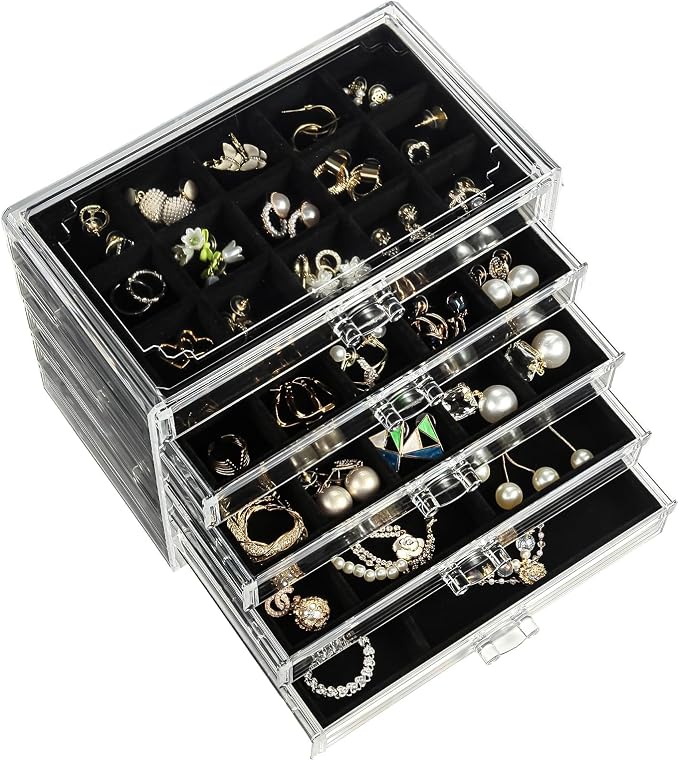 GUOER Earring Organizer, Acrylic Jewelry Box with 5 Drawers for Women,Black | Clear Earring Holder Organizer Box, Stud Earring Ring Display Storage Case Large, Adjustable Velvet Trays Girls Gifts