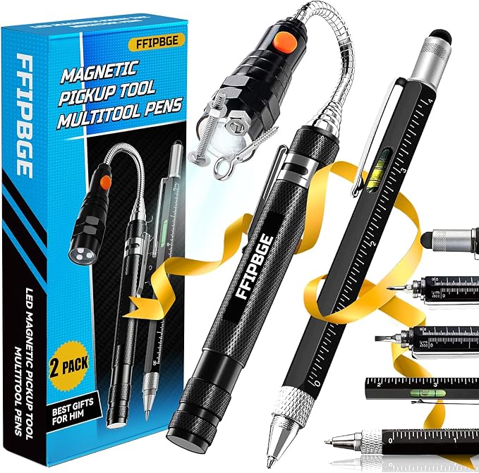 Magnet Pickup Tool with Telescoping Magnetic Flashlight and 6 in 1 Multitool Pen with Rulers, Bubble Level, Screwdrivers, Ballpoint, Fathers Day Dad Gifts, Birthday Gifts for Men, Dad, Husband | Magnetic Flashlight & Multitool Pen with Rulers, Bubble L...