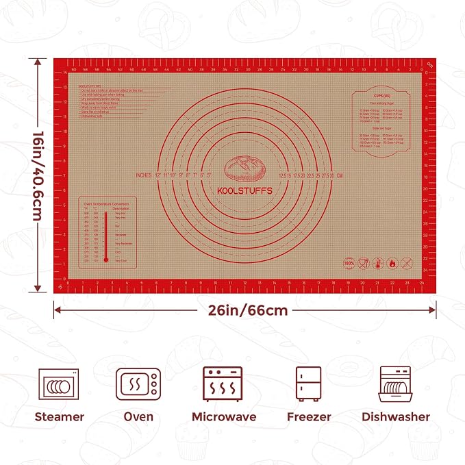 Silicone Pastry Mat 26"x16", 0.7mm Thick Non Slip Baking Mat with Measurements, Large Dough Rolling Mat for Pizza, Bread, Pie Crust, Fondant, Cookies