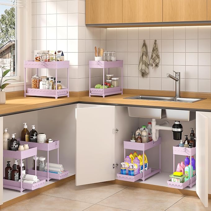 Sevenblue Under Sink Organizer, Bathroom Organizers and Storage, 2 Tier Multi-Use Pull Out Cabinet Organizer with Hang Hooks and Cups (Pink, 14.8 Inch)