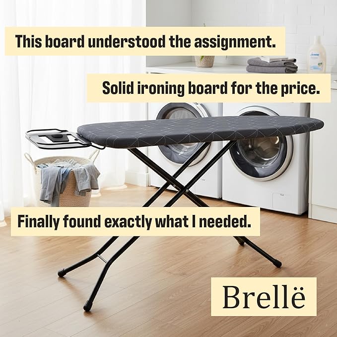 Ironing Board with Iron Rest - 45 x 13 Inch Adjustable Height Steel Mesh Board - Foldable Laundry Room Station with 2-Layer Padded Gray Hexagon Cotton Cover