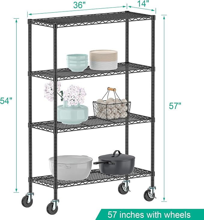 Folews 4-Tier Storage Shelving Unit with Wheels, Metal Rolling Storage Shelves NSF Adjustable Layer Steel Rack Shelf, Wire Shelving Storage for Kitchen Garage Pantry Office, Black (14D x 36W x 57H)