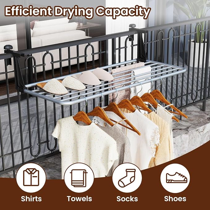 Giantex Portable Clothes Drying Rack, Aluminum Hanging Laundry Rack with Adjustable and Foldable Brackets, Radiator Airer, Indoor Outdoor Towel Rack for Balcony Railings, Windowsill (37" L)