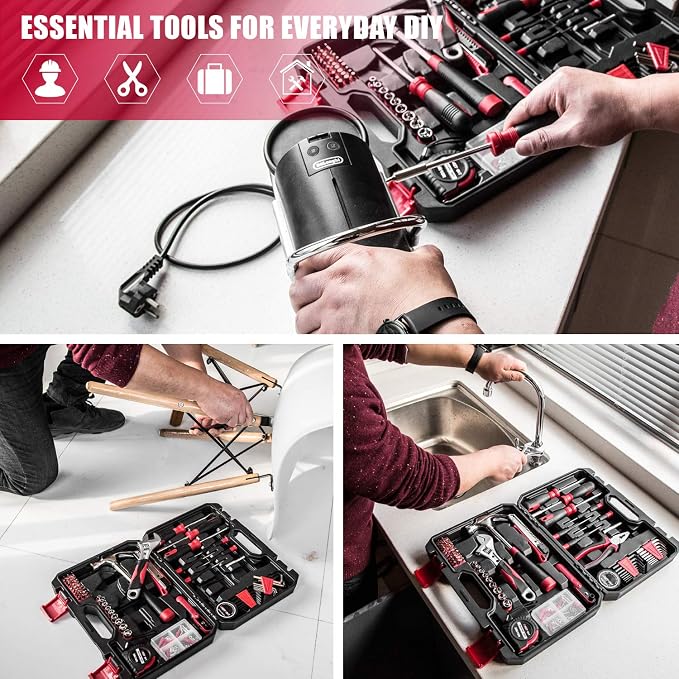 Eastvolt 128-Piece Home Repair Tool Set, Tool Sets for Homeowners, General Household Hand Tool Set with Storage Toolbox, EVHT12801, Black + Red (ASK01) (Pack of 5)