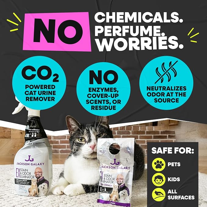 Jackson Galaxy EX Stain & Odor Eliminator, Cat & Dog Urine Remover, 23 oz | CO2 Powered Pet Pee Cleaner Spray, Reusable Bottle with Refill Included, Fast Acting on Carpet, Couch & Floors, Non-Toxic