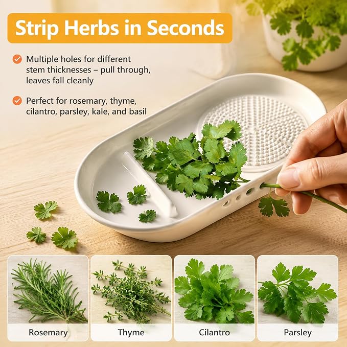 4-in-1 Ceramic Garlic Grater Plate with Egg Cracker, Herb Stripper, Spoon Rest, Garlic Ginger Grater for Vegetables Fruits Eggs, Food Brush Included