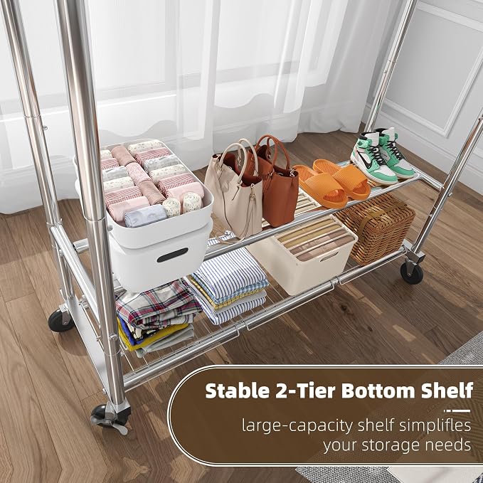 Simple Trending Heavy Duty Clothing Clothes Rack for Hanging, Rolling Double Rod Garment Rack Organizer with Wheels Load 620 LBS, Chrome