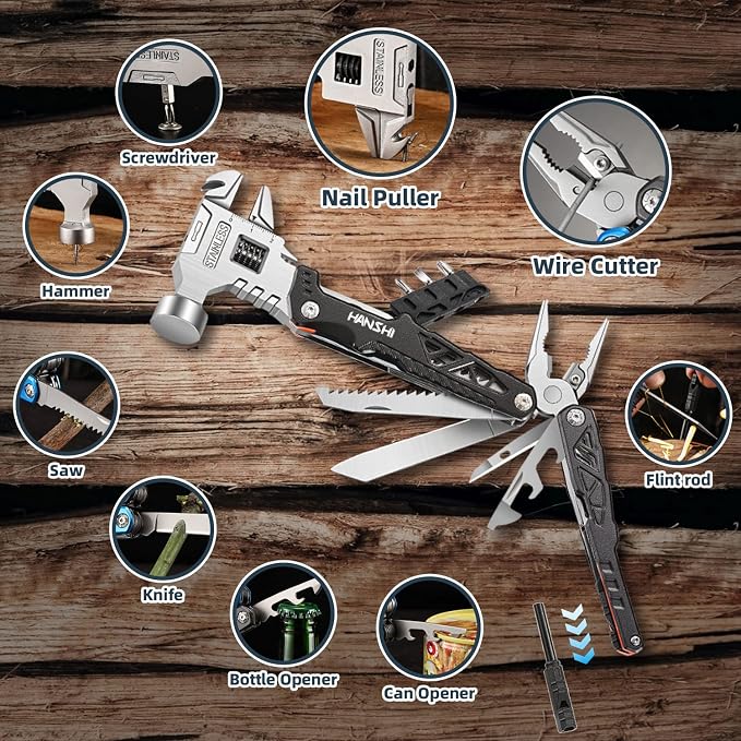 HANSHI Upgraded Adjustable Wrench Multitool Hammer with YG10 Tungsten Steel Replaceable Wire Cutters for Men,18 in 1 Pocket Multi Tool Knife with Spring-Action Pliers for Camping,Survival (Black)