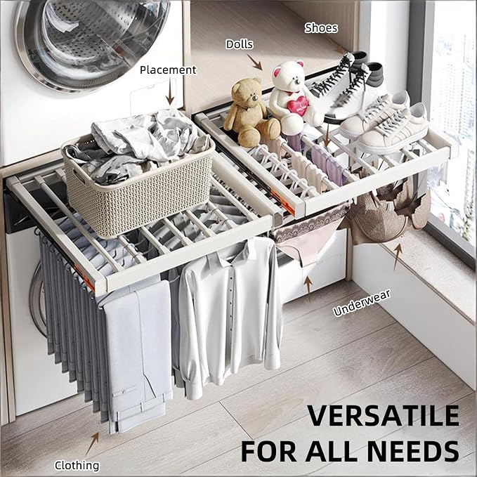 Hidden Pull Out Drying Rack, Extendable Pull Out Trousers Rack, Space Saving, Above Washing Machine Wardrobe, Aluminum Alloy, Tip-On, Depth 19.29in Width 24-26in Grey