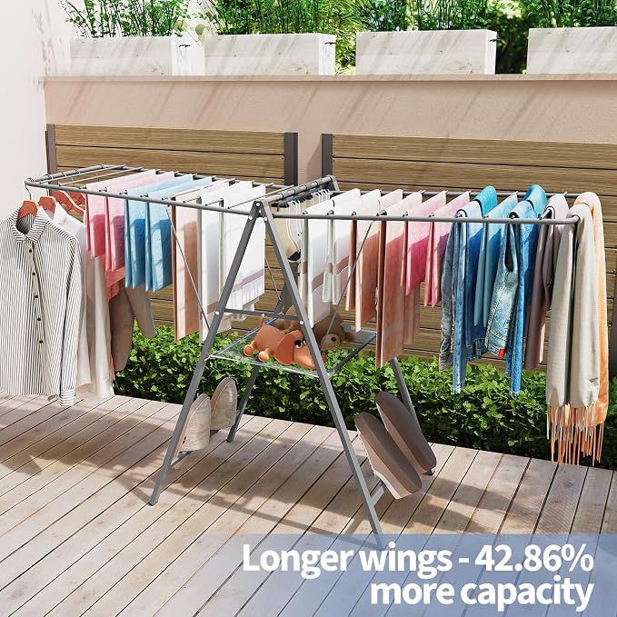 APEXCHASER 6 Height Adjustable Clothes Drying Rack with Shoe Slots, Grey | Pre-Assembled, Stable Load Structure, 22 Drying Rails, Foldable Space-Saving For Efficient Indoor & Outdoor Airflow Drying