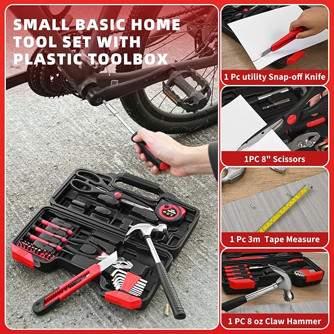 39 Piece Home Tool Kit General Household Hand Tool Set small tool box with Toolbox Storage Case for Everyday Home Repairs, Mini Tool kit for Women,Red
