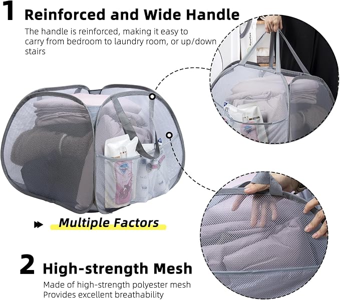 Collapsible Laundry Basket, 90L Mesh Pop-up Hamper with Handles | Foldable Storage Clothes Bag for Laundry, Bathroom, Dorm, Travel, Camping, Space-saving, Gray, 2PCS
