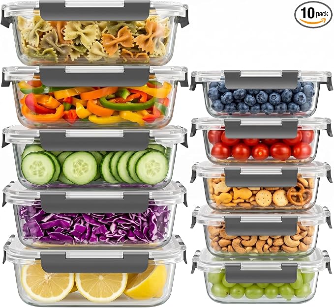 Dealusy 10 Sets (20-Piece) 36 oz & 12 oz Glass Food Storage Containers with lids, Airtight Leak-proof Glass Meal Prep Containers with Lids, Microwave Oven Freezer Dishwasher Safe, Gray
