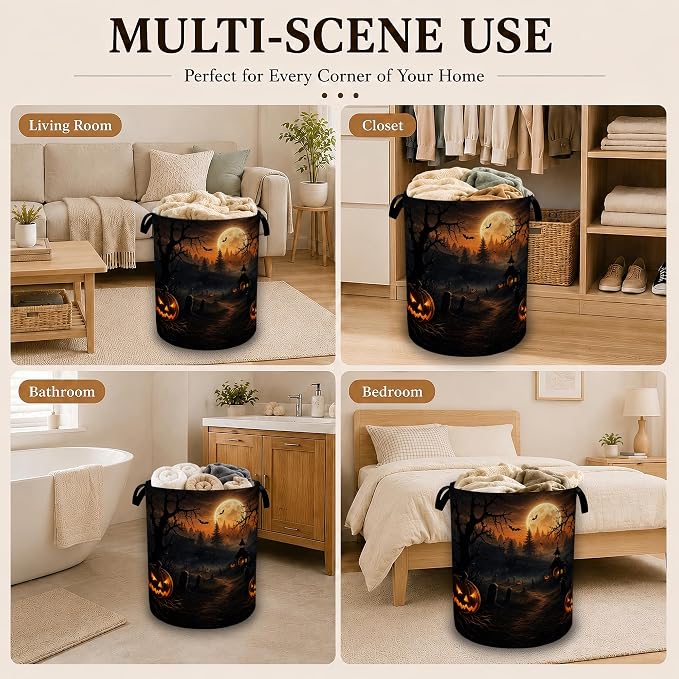 Halloween Pumpkin Night Laundry Basket with Handles, Foldable Tall Oxford Clothes Hamper, Lightweight Water-Resistant Storage Bin for Bedroom Bathroom College Dorm, 16 x 20.8 Inch