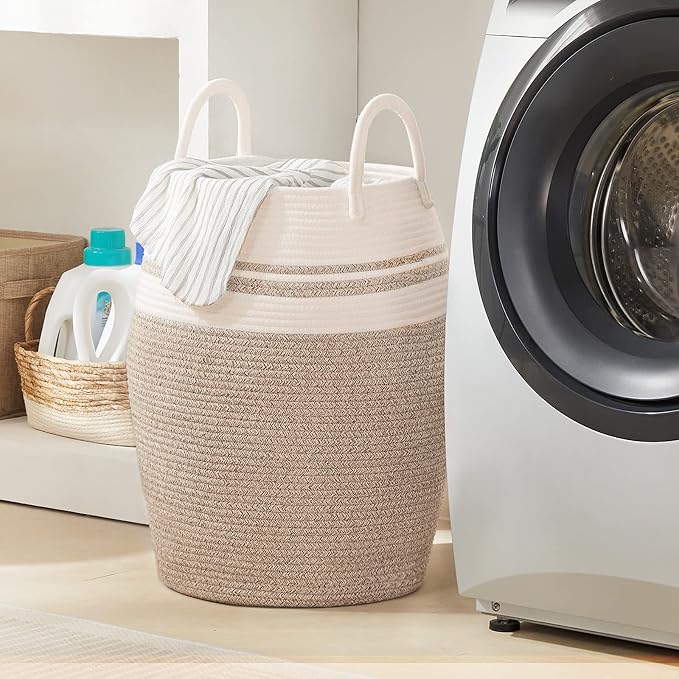 Extra Large Laundry Hamper Basket 105L Woven Blanket Basket, Brown & White | Tall Clothes Hamper, Rope Wicker Laundry Basket, Storage Basket for Toys, Dirty Cothes in Bedroom, Living Room Organizer