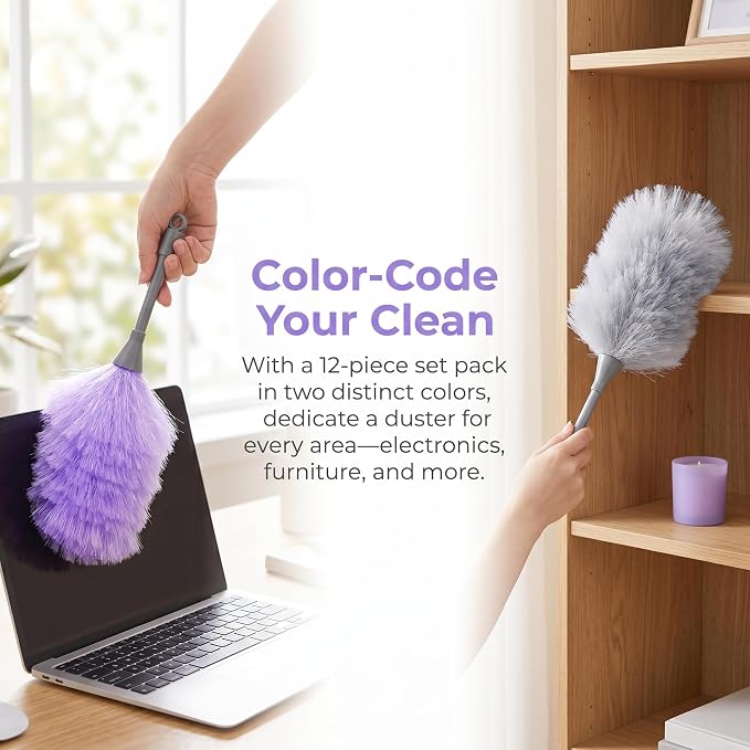 Goaste 12 Pack Microfiber Delicate Duster, 12.8 Inch Fluffy Feather Dusters with Plastic Handle, 2 Colors Electrostatic & Washable Cleaning Tool for TV Screen, Car, Laptop, Keyboard (Purple & Gray)