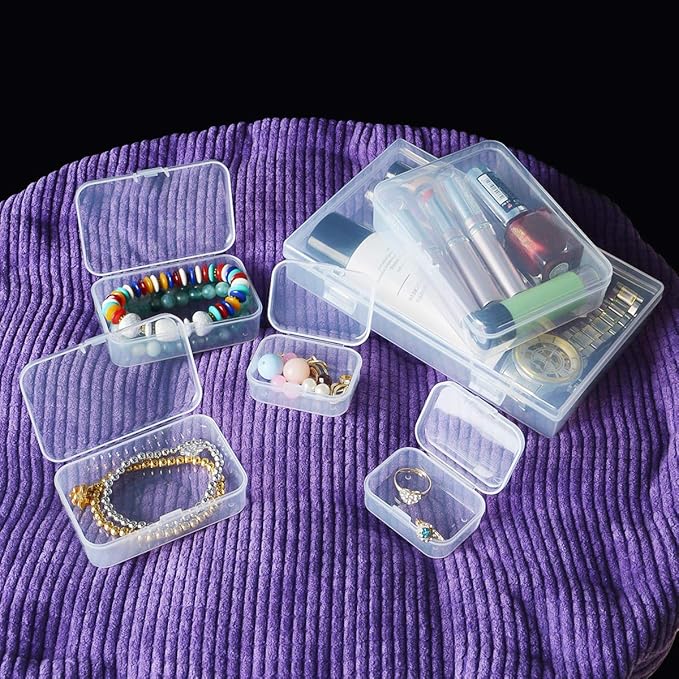 24 Pieces Mixed Sizes Rectangular Empty Mini Clear Plastic Organizer Box | Hinged Lids, For Small Items, Craft Projects