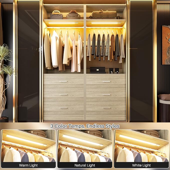 Besiost 8FT Closet System with 4 Motion Sensor LED Lights, 96" Closet Systems with 12 Drawers, Closet Organizer System with 4 Hanging Rods & 4 Shelves, Heavy Duty 96 Inch Walk-in Closet, White Oak