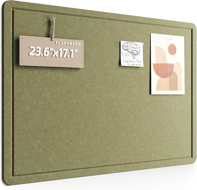 Fluxynara 23.6" x 17.1" Bulletin Board, Olive Green | Cork Board Alternative with 12 Removable Adhesive Tabs, Foldable Felt Pin Board for Home, Office, Classroom & Dorm