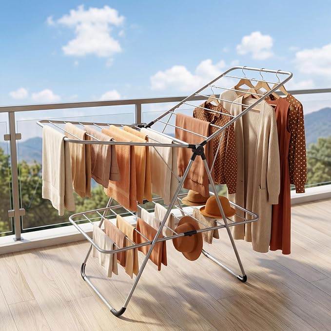 Giantex Foldable Clothes Drying Rack, 2-Tier Aluminum Laundry Drying Rack with Adjustable Wings, Freestanding Airer, Space-Saving, Portable Clothing Dryer Stand for Indoor and Outdoor Use