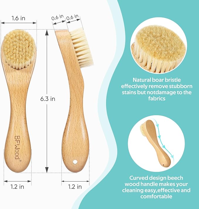 Laundry Stain Brush, Natural Soft Boar Bristles, Removes Tough Stains from Delicate Fabrics Like Knits, Cotton, and Linens, Gentle on Fabrics, No Damage