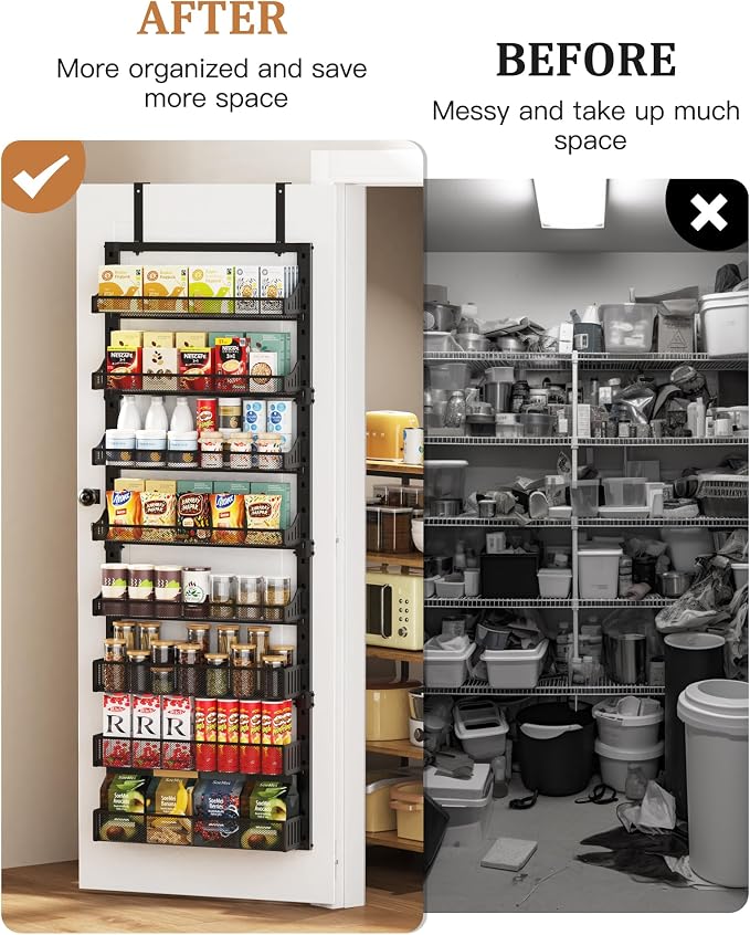 POKIPO 8-Tier Over the Door Pantry Organizer, Large Metal Door Spice Rack with Adjustable Basket, 2 in 1 Wall Mount or Hanging Heavy-Duty Pantry Door Storage Shelf for Kitchen and Bathroom, Black