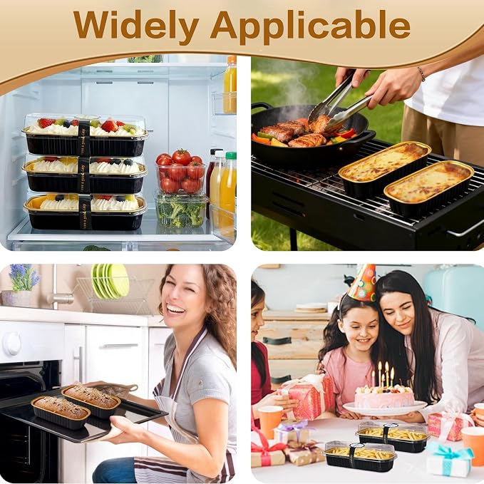 100 Pack Mini Cake Pans with Lids and Spoons, Mini Loaf Baking Pans 6.8oz, Small Disposable Aluminum Foil Loaf Pans, Rectangular Baking Container for Party and Picnics, Cheesecake Pan (Black)