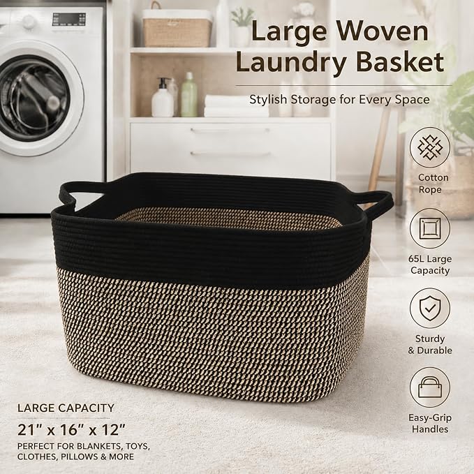 65L Laundry Basket with Handles, Woven Blanket Basket, Black/Jute | 21"×16"×12" Collapsible Cotton Rope Storage Basket for Toys Clothes & Pillows, Nursery, Bathroom, Bedroom, Living Room