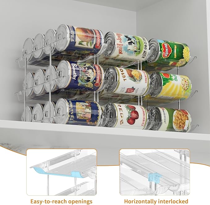 LXLXXL Can Organizer for Pantry Canned Food Storage Goods Holders 4 Tier | Automatic Rolling, Clear Acrylic Can Storage Rack, Sturdy and Stackable, for Fridge Cabinet Pantry Kitchen Desktop Storage