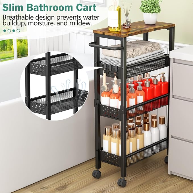 Vivihomety 4-Tier Slim Utility Rolling Laundry Cart with Wheels, Metal | Narrow 7.1" wide, Lockable wheels, wood top panel, metal frame, with handle, for laundry, bathroom, kitchen, black