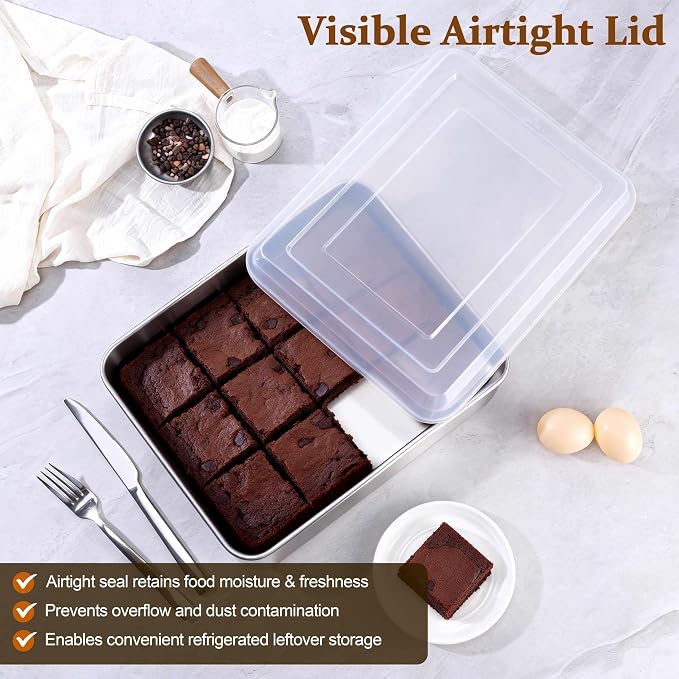 LIANYU Stainless Steel Baking Cake Pan with Lid Set, 12⅓ x 9¾ x 2 Inch Lasagna Brownie Pan, Oven & Dishwasher Safe Pan for Cookie Bread (1 Pan +1 Lid)