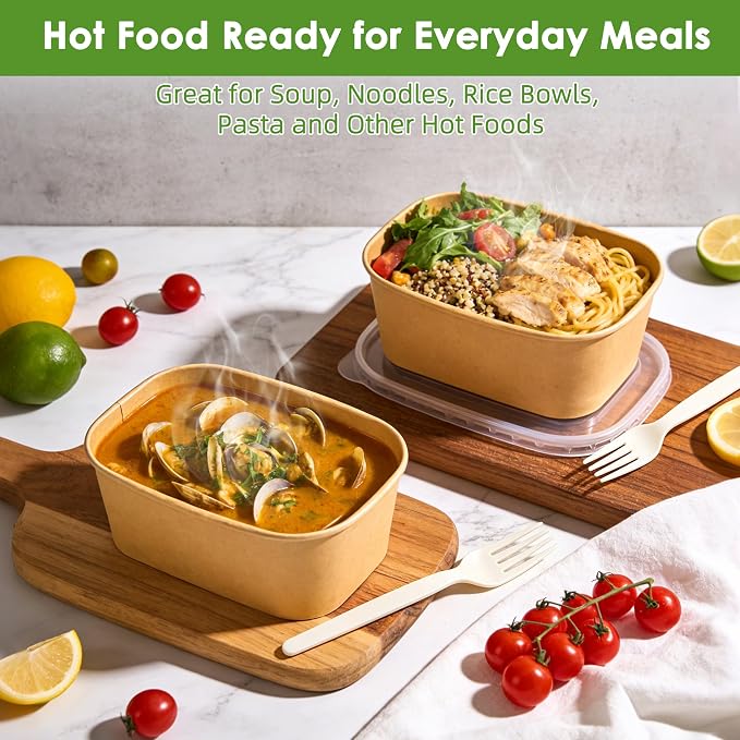 50 Pack 35oz Meal Prep Containers with Lids and Forks for Lunch Takeout | Disposable, Compostable Kraft Paper Bowls To Go, Microwave & Freezer Safe Food Containers for Hot Soup, Cold Dessert