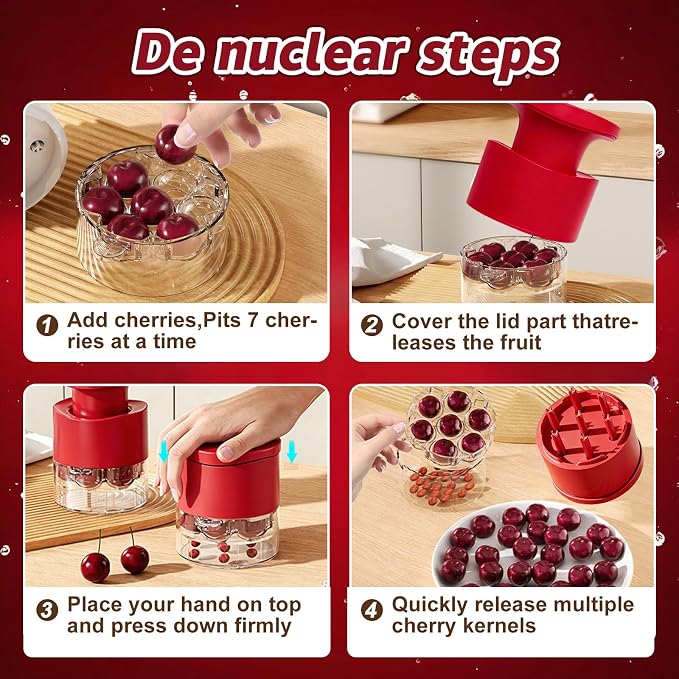 Cherry Pitter Tool Quick Release Multi Cherries Stoner Pitter 7-in-1 | Push Button Cherry Core Pitter Tool with Splatter Protector, Pit Seed Remover for Making Jam Cherry Dishes