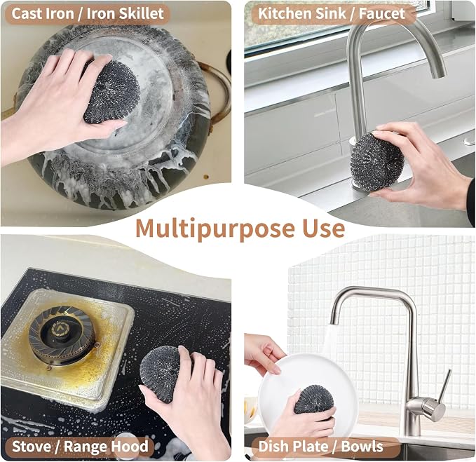 15Pcs Steel Wool Scrubber with Replacement Wire Sponge Pads Set, Stainless Steel Scrubber with Handle for Scouring Messes from Cast Iron, Frying pan, Pots, Pans, Grill, Stoves, Sink