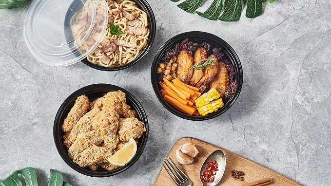 Jaluxing 24 oz 150 ct Round Meal Prep Food Storage Containers with Lids To Go Plastic Lunch Plan Box Disposable Take Out Bowls Black BPA Free Durable Stackable Microwave Freezer Safe (Formerly FULING)
