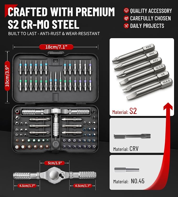 79 in 1 Precision Ratchet Screwdriver Set, Upgraded S2 Steel Tool Kit with Long Bits, Magnetic Electronics Repair Kit Compatible with Smartphones, Laptops, Gift for Men DIY Enthusiasts