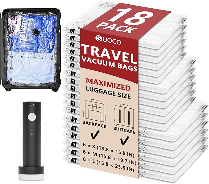 Travel Vacuum Bags for Clothing with Rechargeable Electric Pump, Compression Packing Cubes Organizer Storage for Luggage Suitcase, Space Saver Seal Bags for Vacation Cruise, 18 Combo