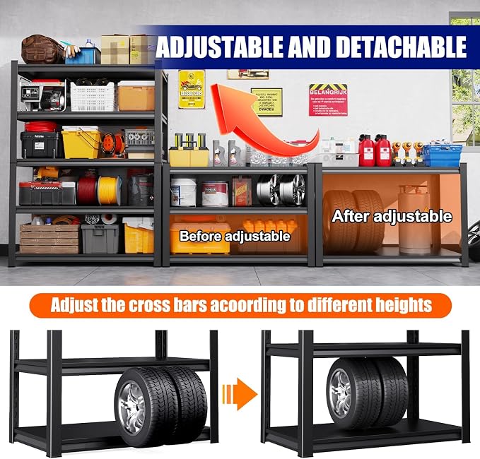 Set of 5 Garage Shelving Heavy Duty Storage Shelves, Metal Adjustable Shelving Unit, Utility Garage Organizer Shelf for Basement, Pantry, Kitchen, Warehouse, 20" D x 46" W x 71.2" H, Black
