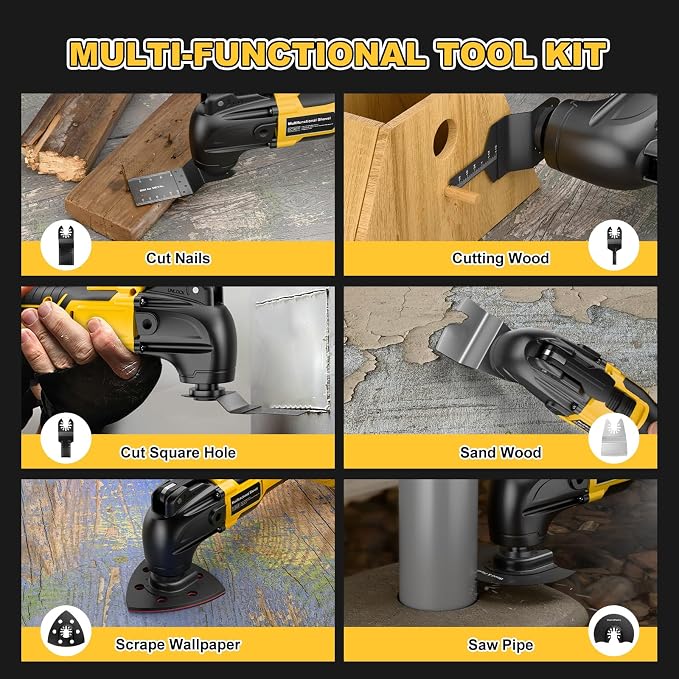 Cordless Oscillating Tool for Dewalt 20V Battery,6 Variable Speed Brushless-Motor Tool,22Pcs Oscillating Multi Tool Kit for Cutting Wood Drywall Nails Remove Grout & Sanding(Tools Only)