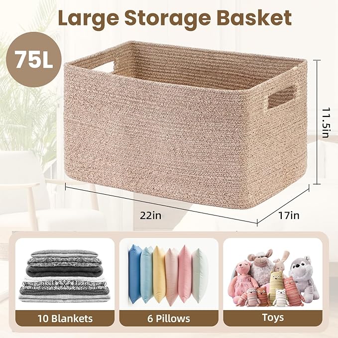 Optish 75L Large Blanket Basket, Woven Storage Baskets with Reinforced Handles, Rope Laundry Basket for Living Room, Bedroom, Nursery, Toys, Clothes,Pillows, 22” x 17” x 11.5”, Brown