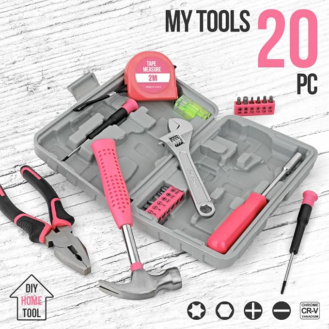 20 Pcs Home Tool Set, Basics Household Tool Kit with Small Mini Carrying Box for Men and Women DIY (Pink)