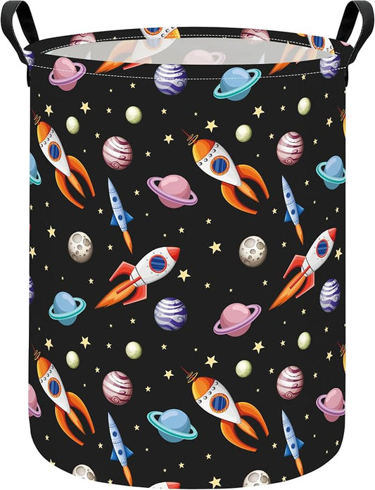 Round Laundry Basket Collapsible Storage Hamper Organizer Planet Rocket | Waterproof Canvas Foldable Baskets with sturdy Handles Multi-scene Organizer for Home Play Bedroom Gift Bin
