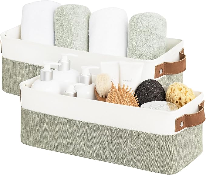StorageWorks Narrow Storage Bins, Small Basket for Closet and Shelves, Fabric Organizer with Handles, Toilet Paper Storage, Green and White, 2-Pack
