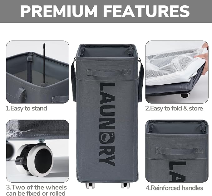 Goodpick 2-Pack Laundry Basket with Wheels & Wash Bag, Hamper for Dorm,75L | Laundry Hamper with Handles for Dirty Clothes, Clothes Hamper, Rolling Laundry Basket, Dorm Room Essentials, Grey