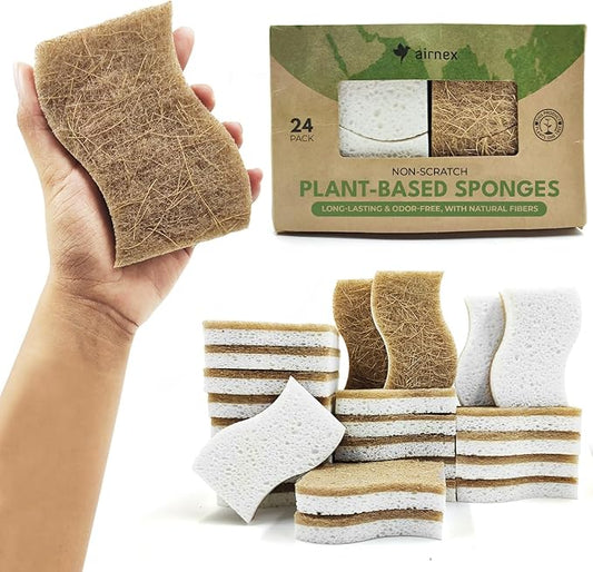 AIRNEX Natural Kitchen Sponges (24 Pack) - Biodegradable Cellulose & Coconut Scrubber Dish Sponges for Kitchen - Eco-Friendly, Non Scratch, Compostable, Non Toxic S-Shaped Natural Sponges for Dishes