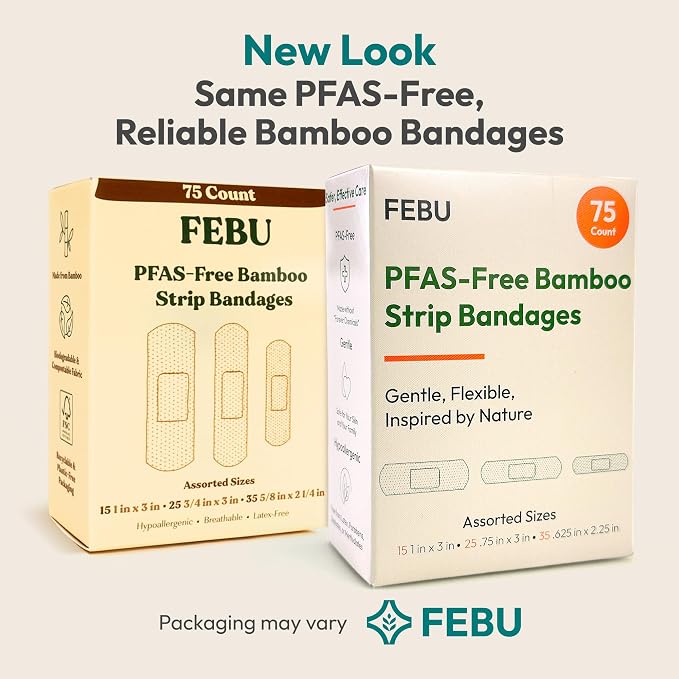 FEBU PFAS Free Bamboo Fabric Bandages, 75 Count Strip | Eco-Friendly, Flexible Fabric, Natural Hypoallergenic, Fully Compostable, Latex Free, For First Aid, Cuts and Scrapes