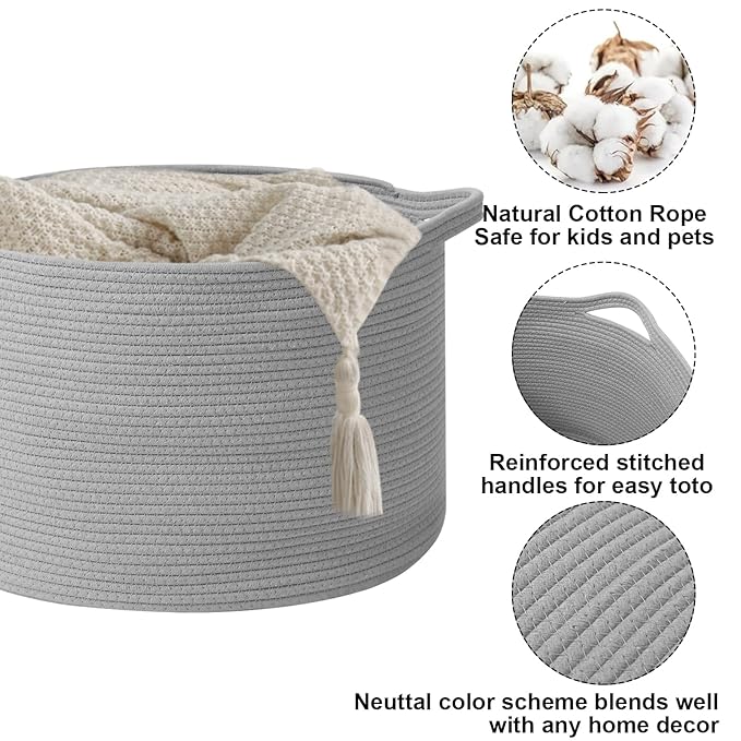 90L Extra Large Blanket Basket,Rope Woven Storage Basket with Handles, Laundry Hamper for Toys, Clothes, Pillows & Towels, Perfect for Living Room, Nursery & Bedroom,Light Grey