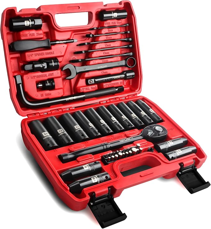 1/2" Impact Socket Wrench Set: 49Pcs, CR-V, Metric | Combination Wrenches (8-17mm), Deep Sockets(8-24mm), Spark Plug Socket(16,21mm), Household&Automotive Repairing