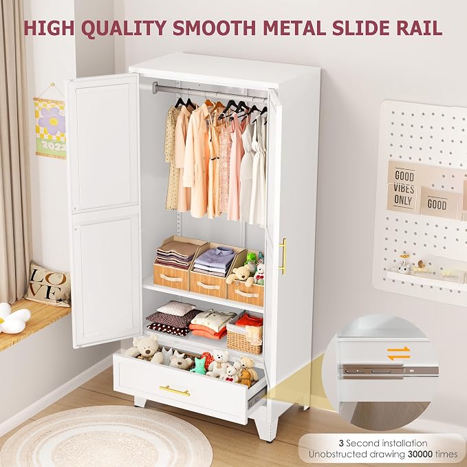 GAIOUS Metal Armoire Wardrobe Closet Cabinet with 2 Doors and Drawer, 71" | Household Wardrobe Cabinet with Hanging Rod, Clothing Storage Cabinet with Adjustable Shelf for Bedroom Cloak Room Gym White